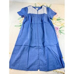 CW Classics Blue Eyelet Lace Zip Front House Dress Lounger Pockets Small‎
